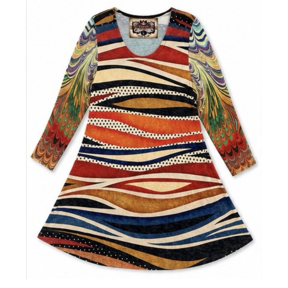 AMMA Made in LA Blouse L Colorful Boho Tunic  3/4 Sleeve Fit Flared